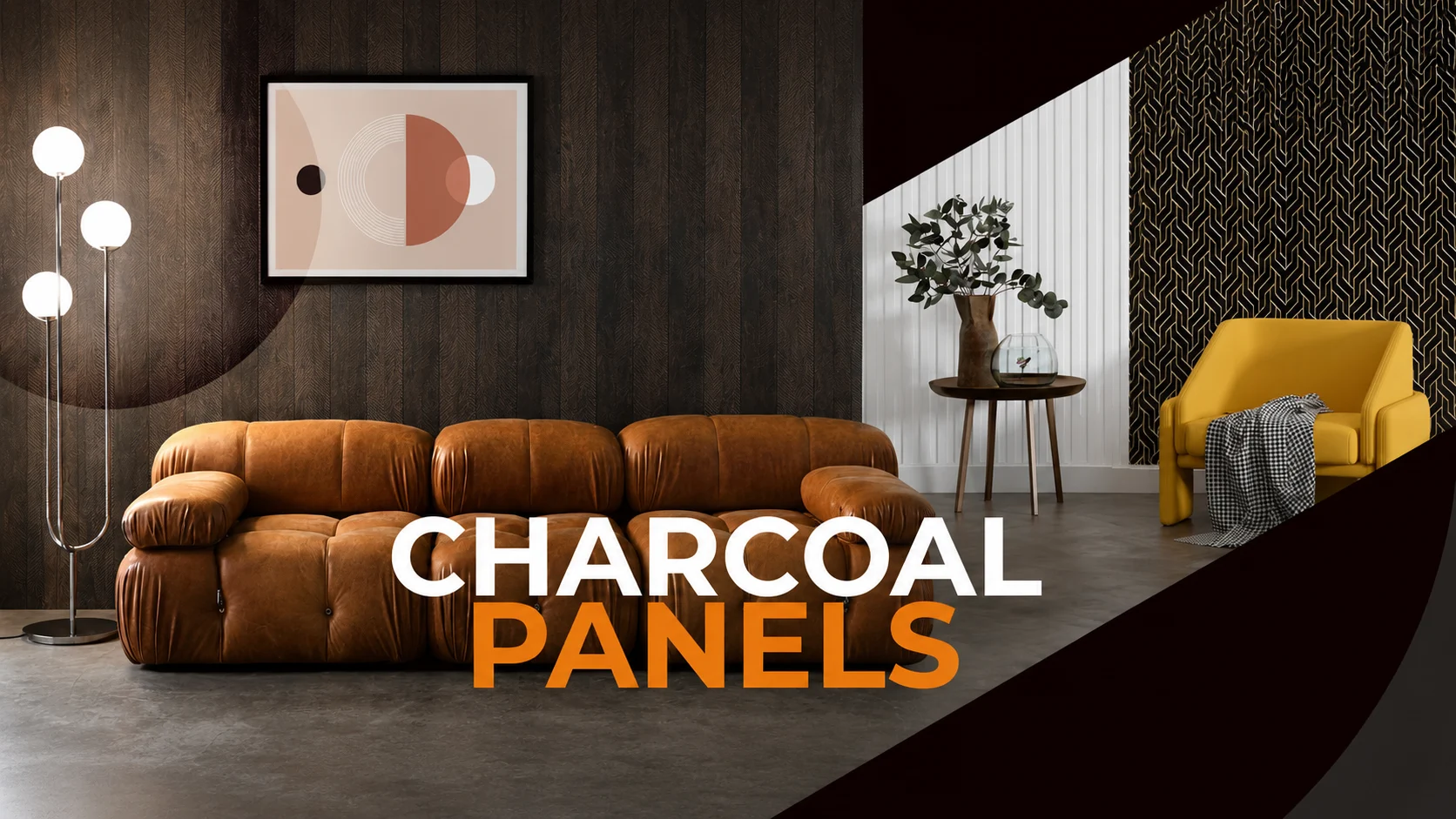 Charcoal panel living room banner with dark wall texture and leather sofa